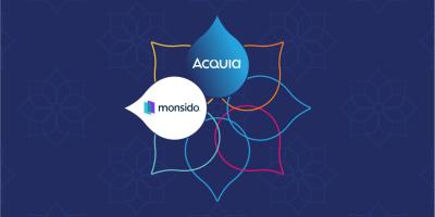 Color graphic of flower design with two petals showing the Acquia and Monsido logos