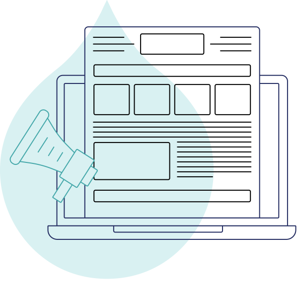 teal acquia drop with icon of a newspaper coming out of a laptop and a megaphone