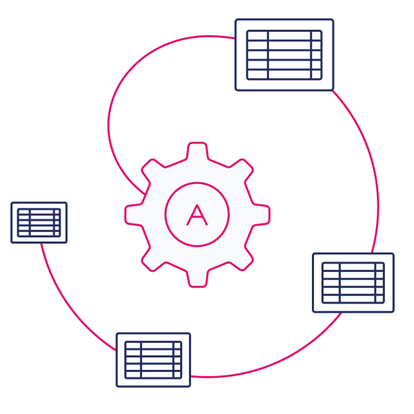 navy and pink line art of 4 browsers connected to a cogwheel with the letter 'A' inside