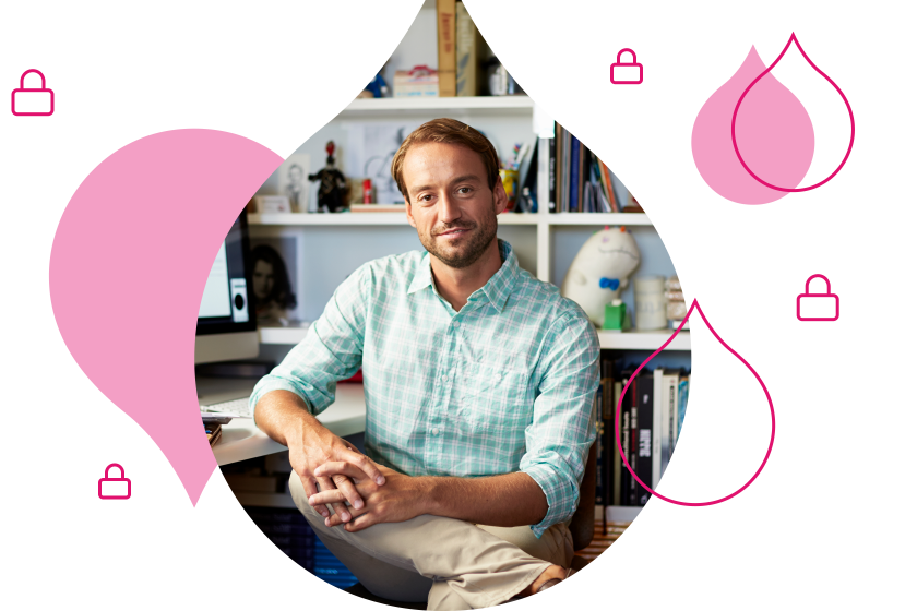 pink droplets surrounded by icons of locks and an image of a man with a computer facing the camera