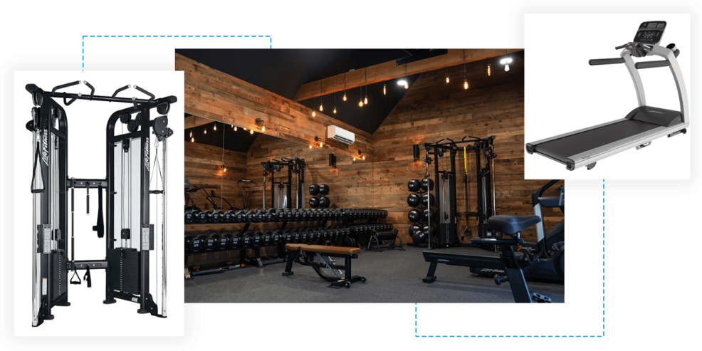 Collage of images featuring exercise equipment